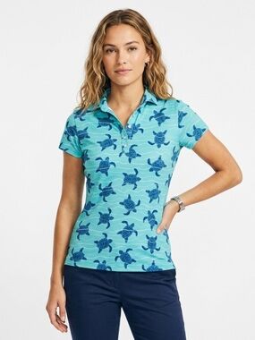 Waggle Golf Polo Shirt Short Sleeve Sea Turtle Print Aqua Blue Women's XS